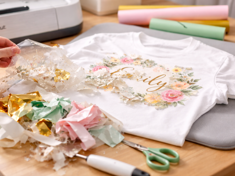 cricut-picture of crumpled, wasted vinyl or a failed iron-on transfer on a t-shirt